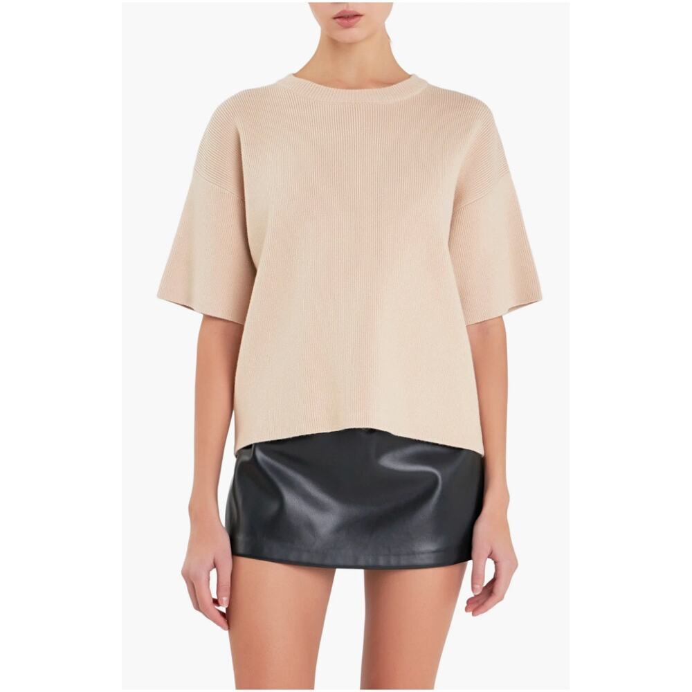 English Factory Ribbed Collar Knit Elbow Half Sleeves Sweater Top Beige L
